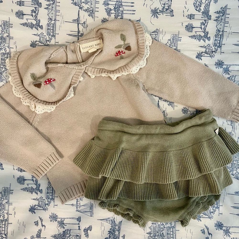 Elegant Baby Mushroom Embroidered Collar Sweater + Skirt Set